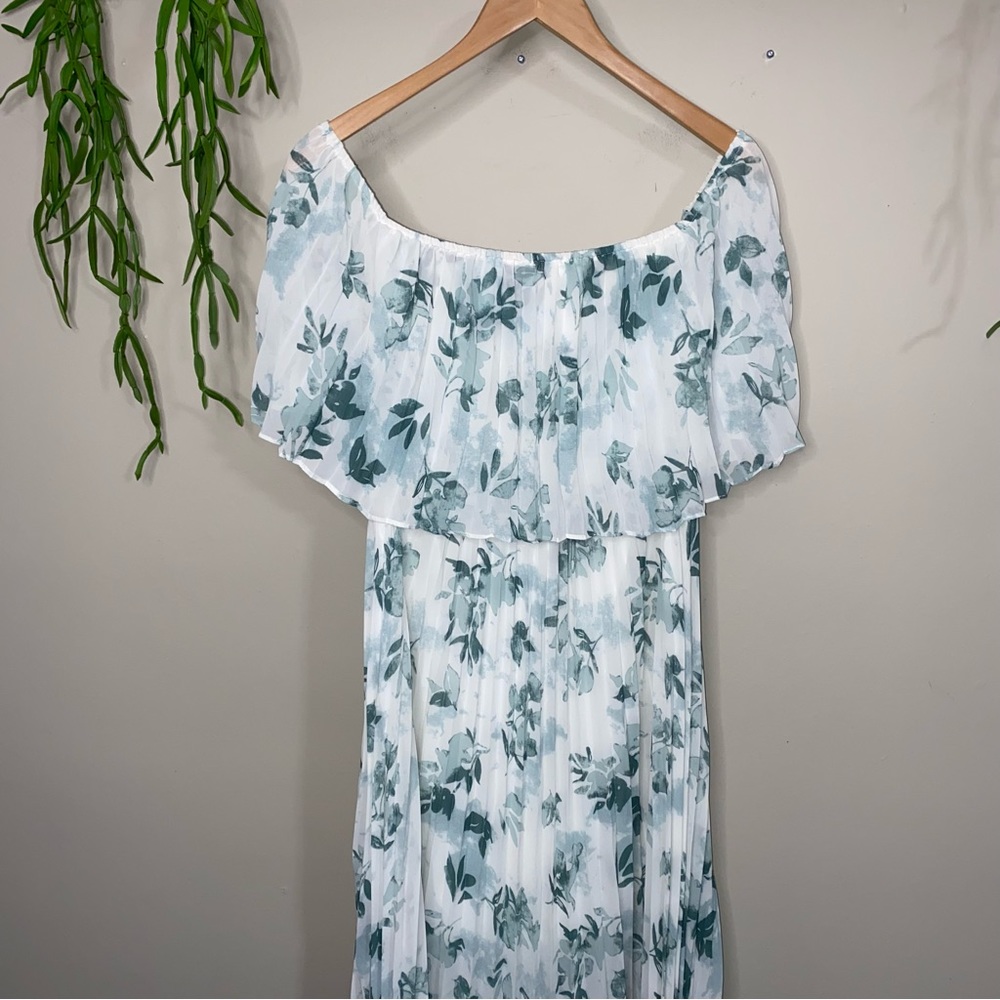 Entro Floral Green and White Off the Shoulder Long Maxi Dress